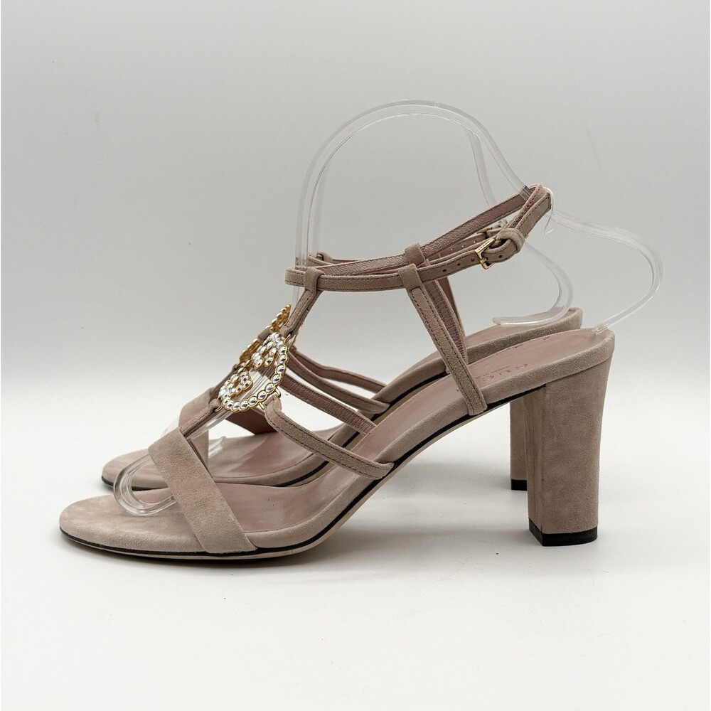Gucci Nude Pink Suede Block Heels Sandals Rhinestone GG Logo T Strap EU 37.5 - Picture 4 of 11